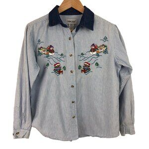 Cabin Creek Womens Size S Blue/White Striped Christmas Snowman Theme Shirt